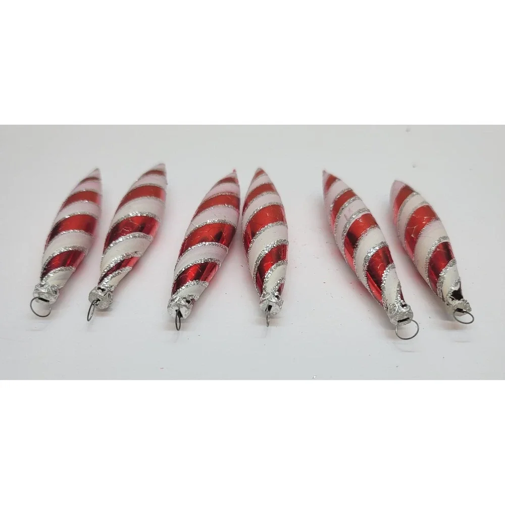 Columbia Red White Candy Cane Striped Glass Icicle Christmas Ornaments Set of 6